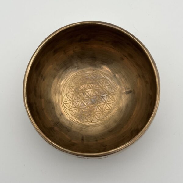 Klangschale Flower of Life 12 cm 468 g Grundton 530,27 Hz., Tigerauge Optik